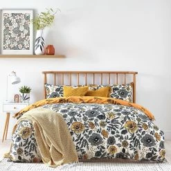 Furn. Scandi Poppy Floral Reversible Duvet Cover Set - Mustard