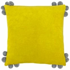 Furn. Hoola Pom-Pom Cotton Velvet Polyester Filled Cushion - Yellow