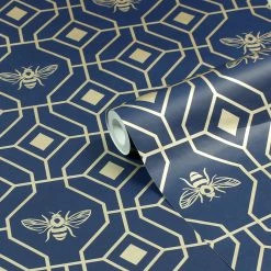 Furn. Bee Deco Gold Geometric Foil Wallpaper - Blue