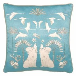 Furn. Colony Palm Botanical Velvet Cushion - Blue