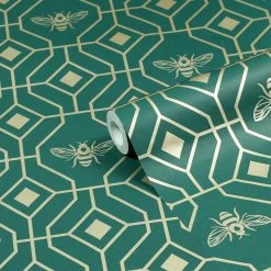 Furn. Bee Deco Gold Geometric Foil Wallpaper - Emerald