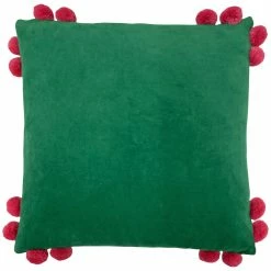 Furn. Hoola Pom-Pom Cotton Velvet Cushion Cover - Emerald
