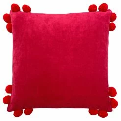 Furn. Hoola Pom-Pom Cotton Velvet Feather Filled Cushion - Fuchsia